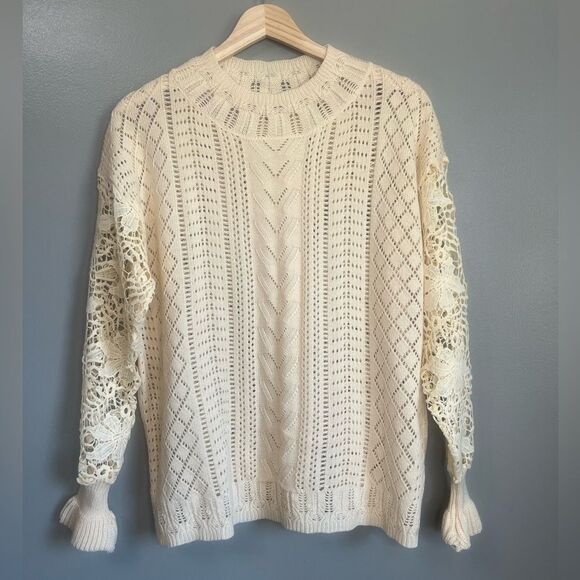 Cream open knit floral crewneck sweater size large twee retro quirky cute retro - Picture 1 of 6